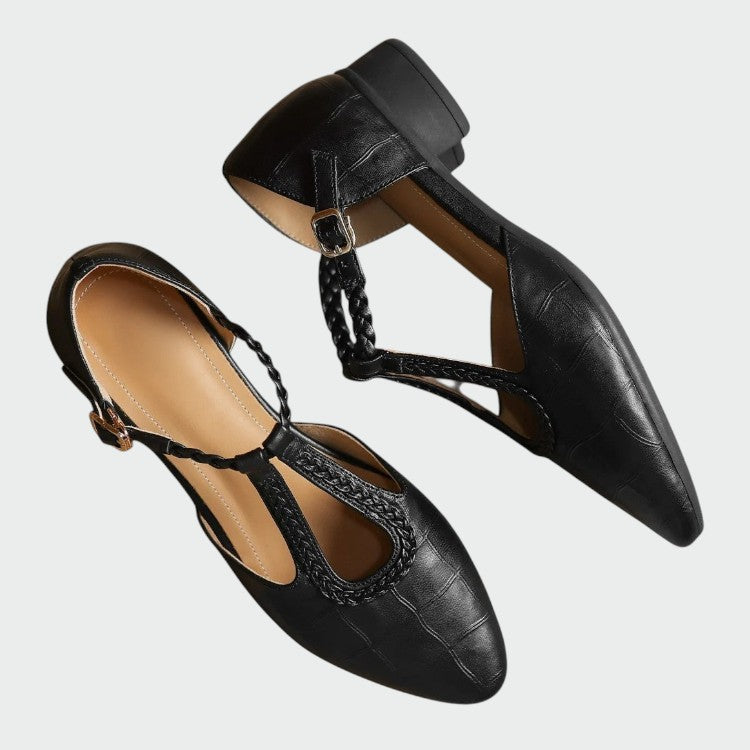 Women's sophisticated brown Mary Jane shoes, pointed toe T-bar design, comfortable block heel