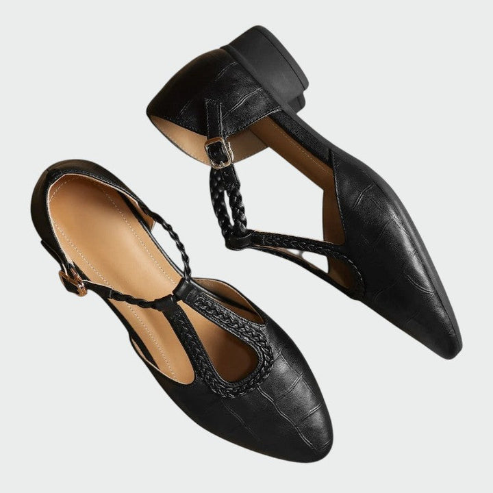 Women's sophisticated brown Mary Jane shoes, pointed toe T-bar design, comfortable block heel