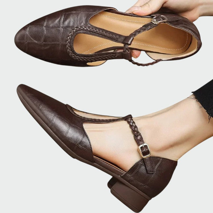 Stylish women's brown pointed toe T-bar Mary Janes, perfect for elegant and comfortable wear