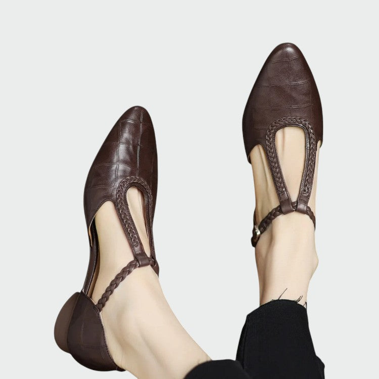 Comfortable black women's shoes: pointed toe T-bar Mary Janes with a classic block heel
