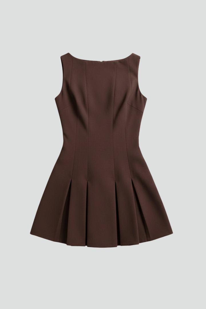 Elegant brown sleeveless pleated mini dress with a tailored fit, perfect for women's cocktail or party wear.