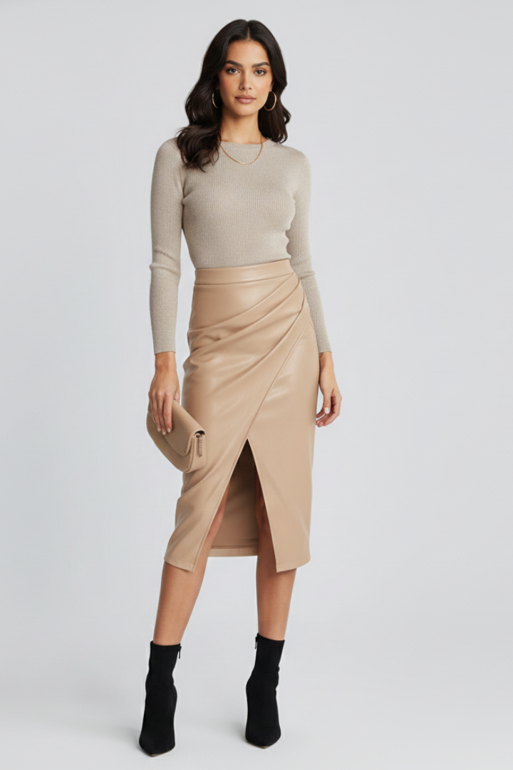 Detail shot of the chic front split on a women's pleated midi skirt, showing quality fabric