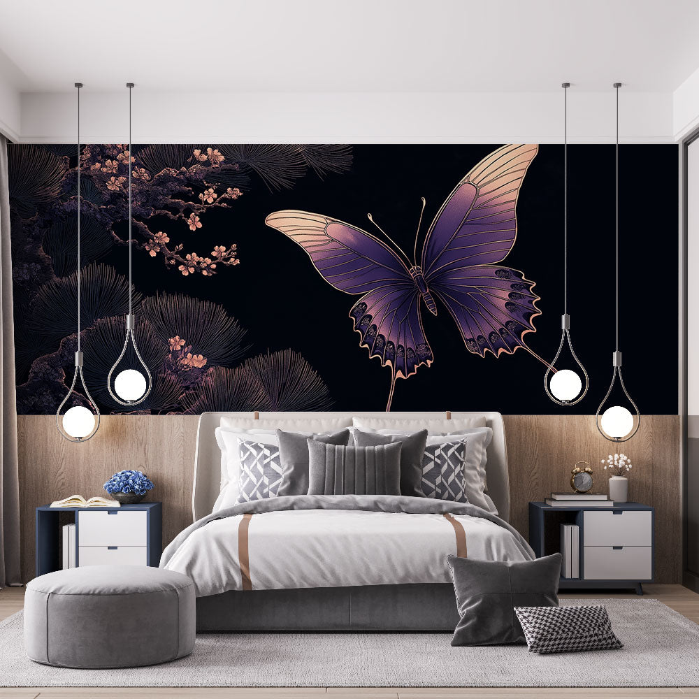 Elegant butterfly floral wall mural with purple & gold accents, peel & stick for stunning home decor.