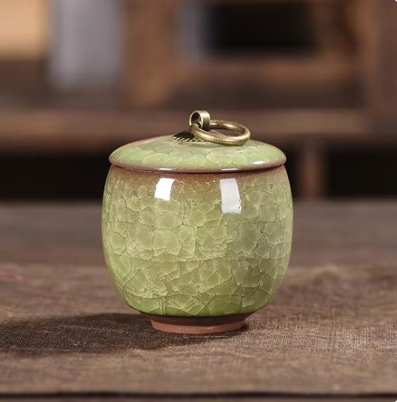 Small ceramic pet urn, craquelé glaze, a precious ash keepsake for your beloved pet.