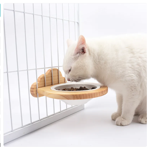 Elegant cloud wooden frame cat wall mount food bowl. Elevated pet feeder for modern homes, space-saving design.