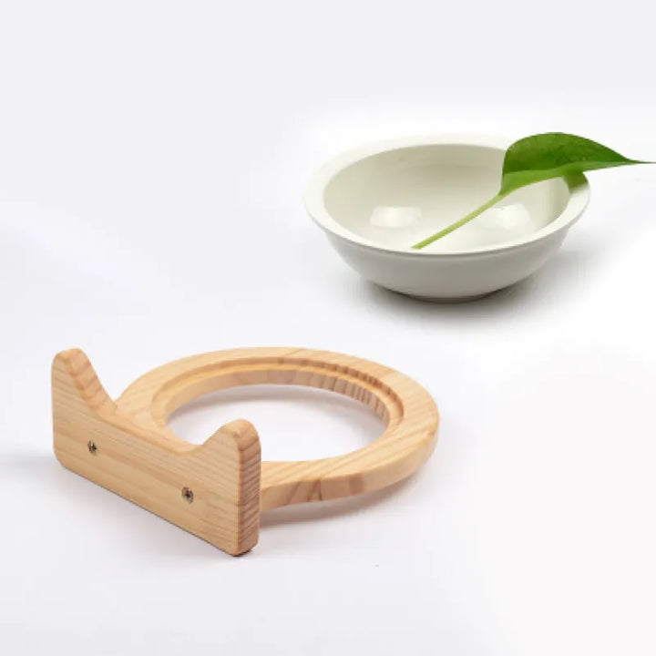 Sustainable cloud design wooden frame cat wall mount bowl. Elevated pet feeder, a chic and practical cat accessory.