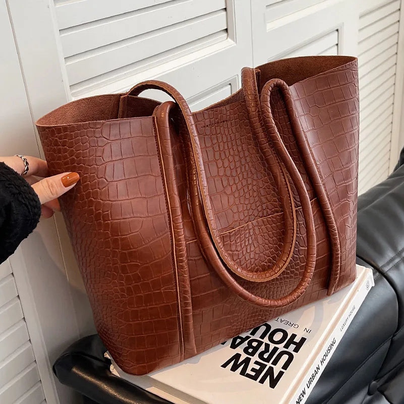 Stylish women's croc embossed shoulder bag, versatile leather handbag for work or daily use