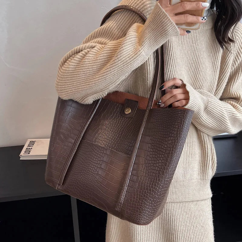 Front view of a chic croc embossed shoulder bag, elegant women's leather handbag, fashion accessory