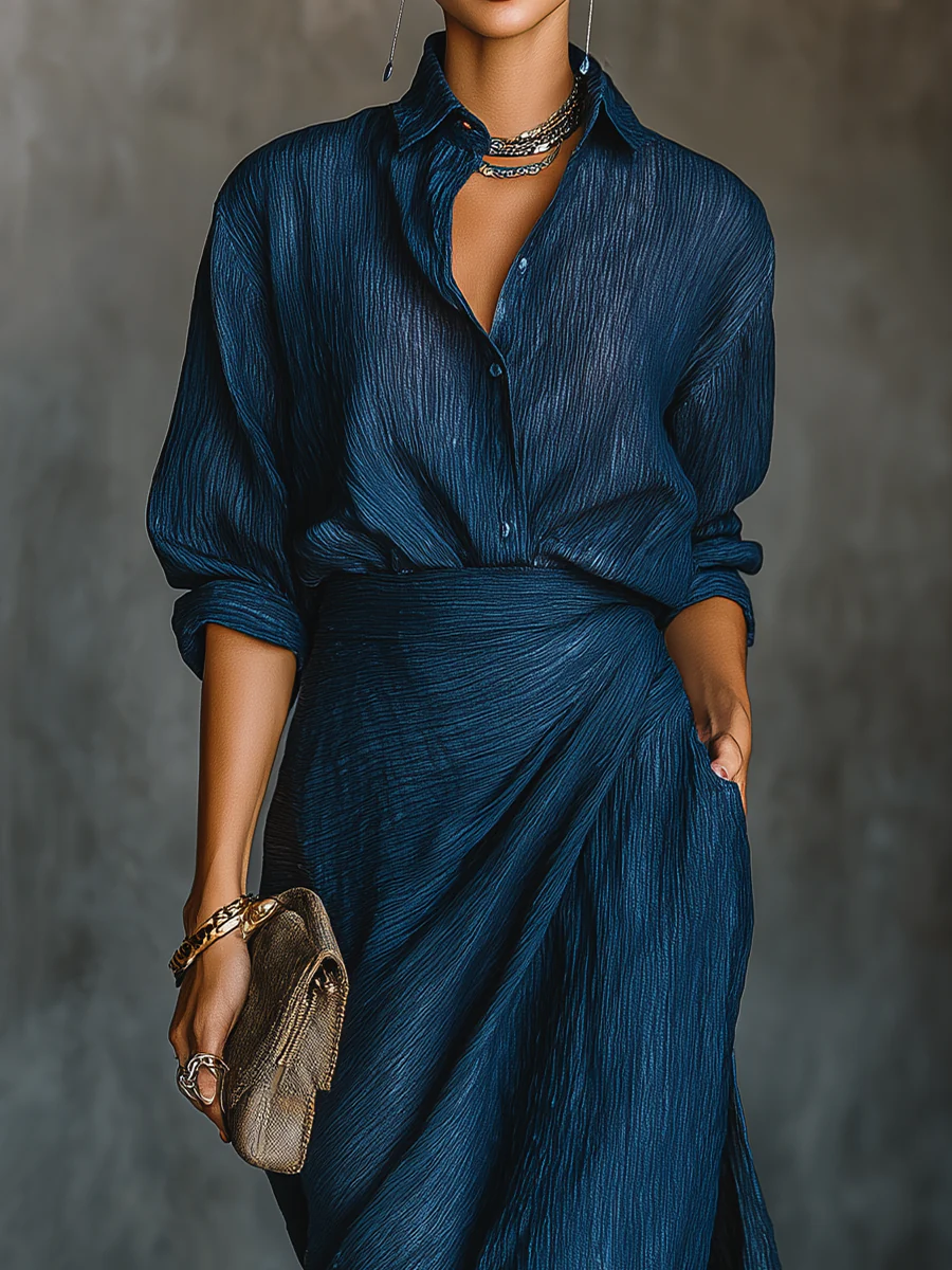 Dark blue women's elegant skirt and top set, a versatile outfit suitable for both casual chic and formal occasions.
