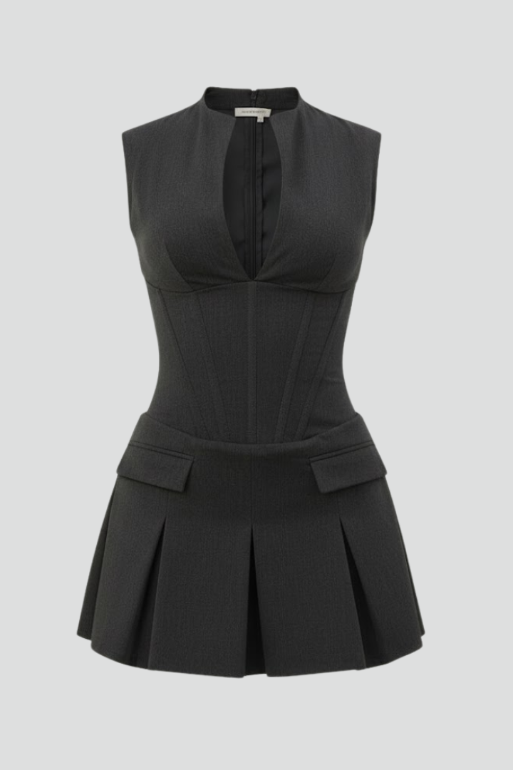 Elegant dark grey pleated mini dress with a stylish plunge neck, perfect for parties.