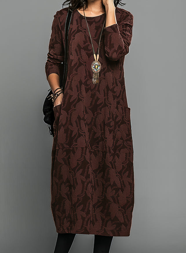 Cozy women's long sleeve maxi dress with a sophisticated jacquard knit pattern for elegant style.