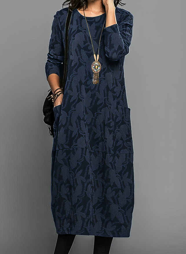 Dina elegant jacquard knit long sleeve maxi dress, a versatile casual winter dress for women.