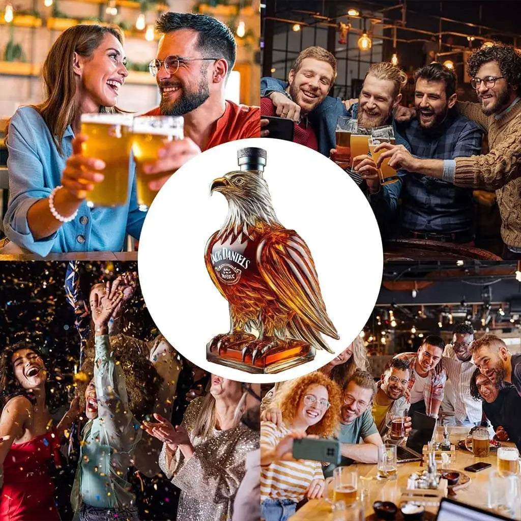 Hand-blown borosilicate glass eagle whiskey decanter. Perfect for spirits, a stylish and exclusive barware piece.