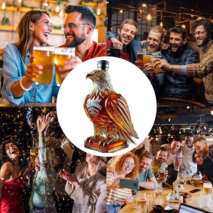 Hand-blown borosilicate glass eagle whiskey decanter. Perfect for spirits, a stylish and exclusive barware piece.