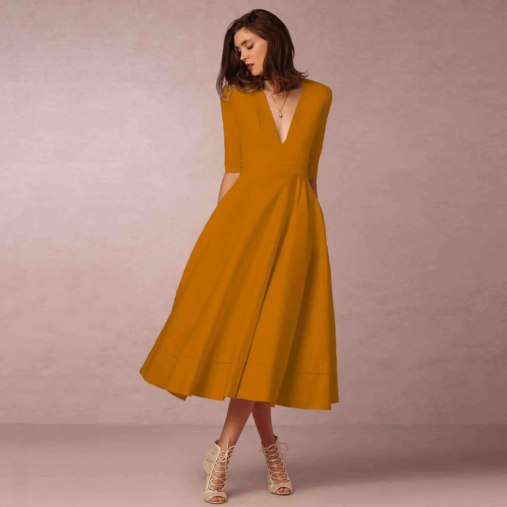 Graceful women's fitted midi dress, designed for summer elegance and versatile styling.