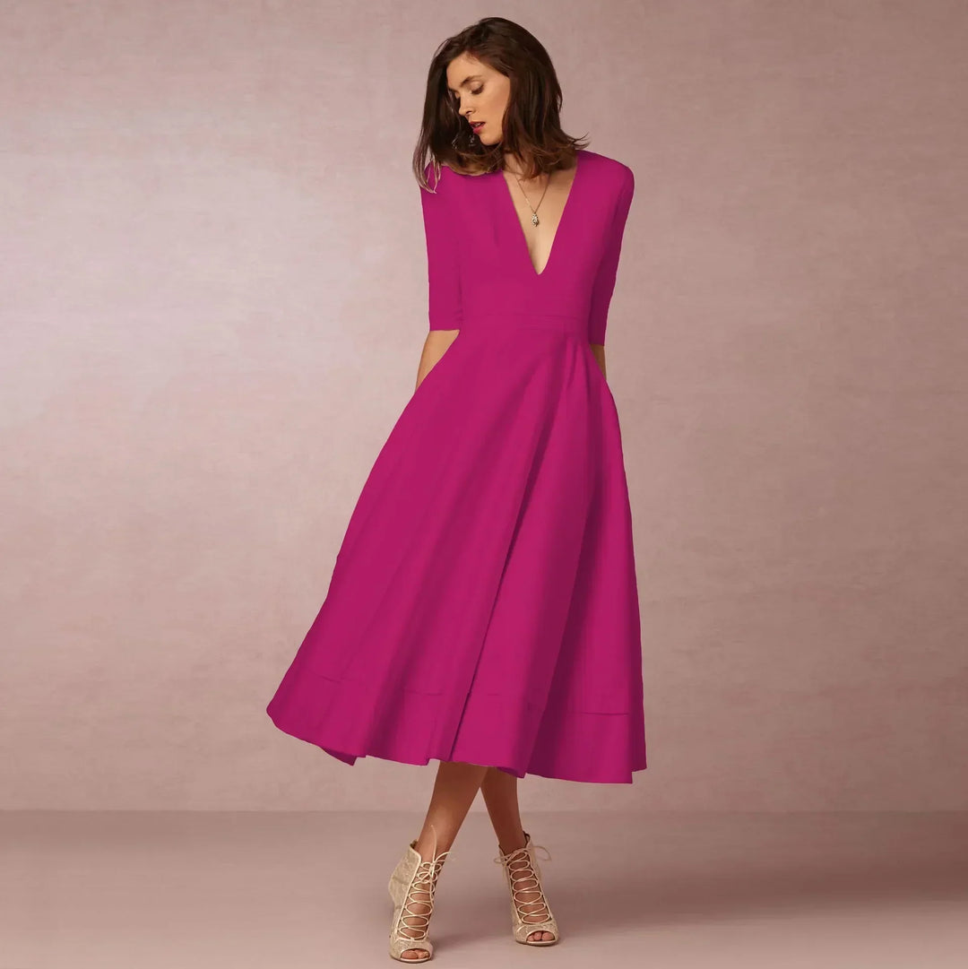Stylish women's elegant midi day dress, a must-have for a chic summer wardrobe.