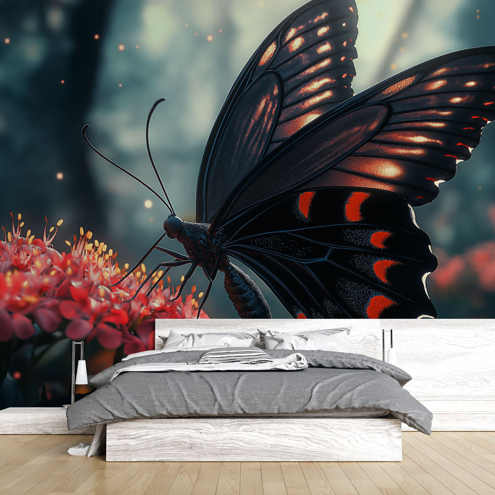 Elegant Floral Butterfly Wall Mural with red, black, teal butterflies & flowers. Peel and stick nature wallpaper for home decor.