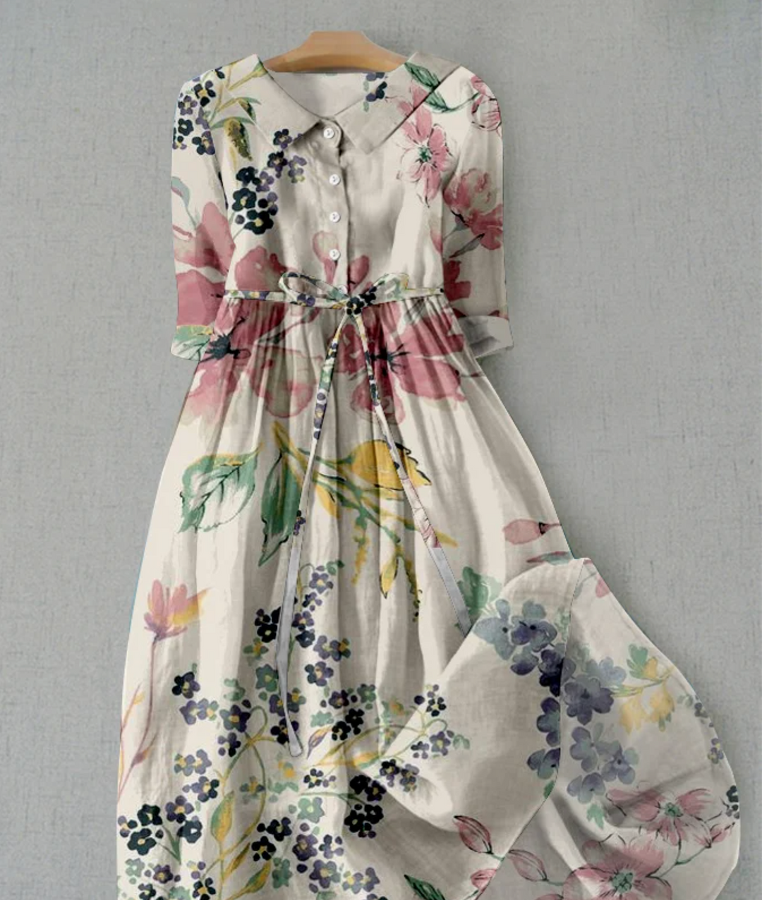Women's elegant floral button-down summer midi dress. Tie waist, lightweight, ideal for vacation or garden parties.