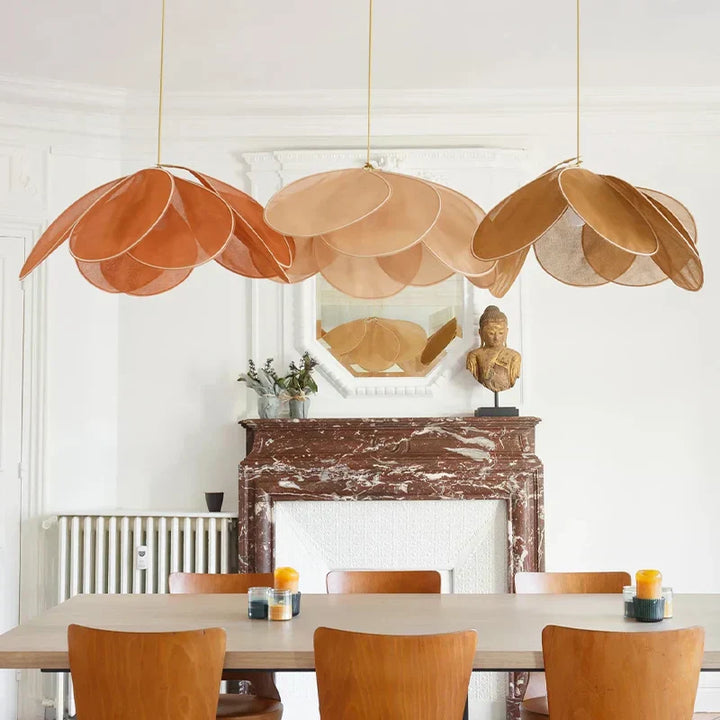 Bohemian natural woven flower pendant light, ideal for living room or dining room ambient lighting.