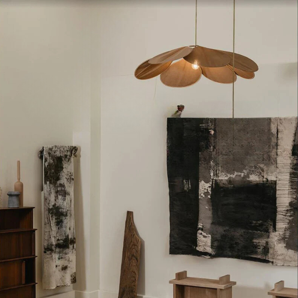 Natural woven flower pendant ceiling lamp, a unique piece for ambient and stylish home lighting decor.