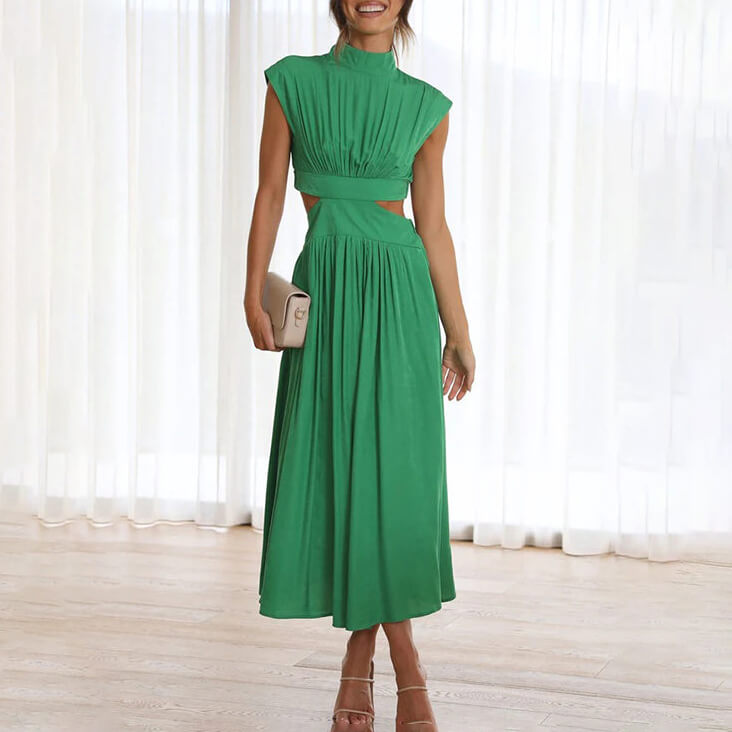 Elegant flowy summer midi dress for women, sleeveless, perfect for day to night wear.