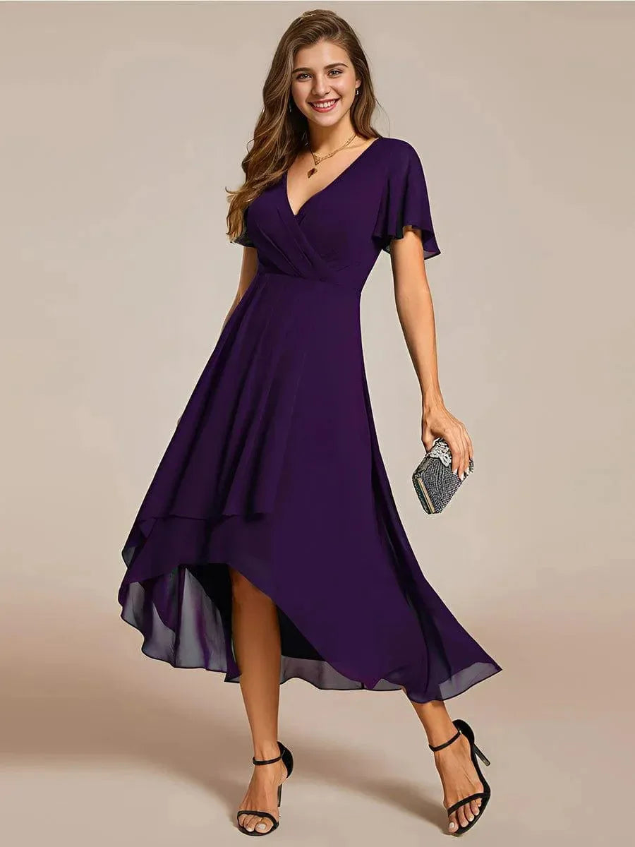 Fashionable V-neck A-line maxi dress with flutter sleeves in a classic black, versatile wear.