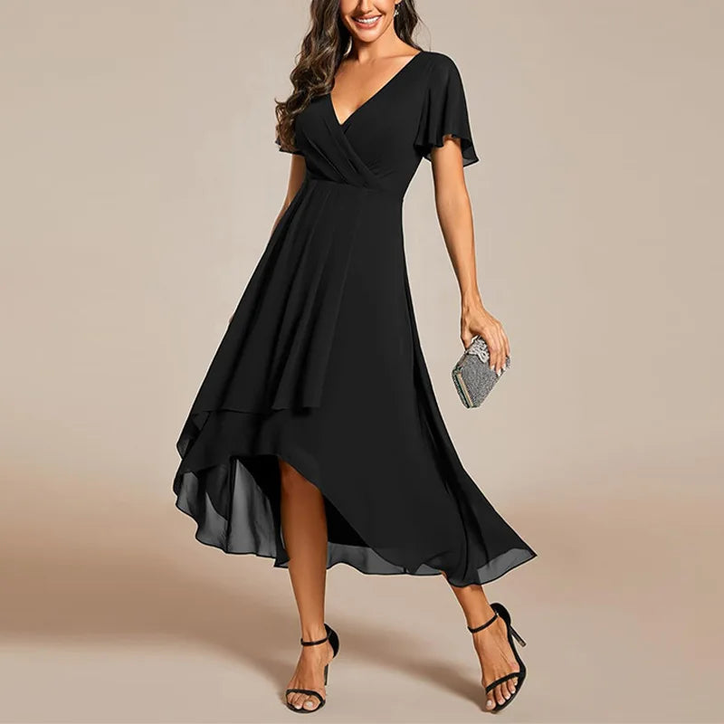 Women's sophisticated V-neck A-line maxi dress with delicate flutter sleeves, ideal for evening.