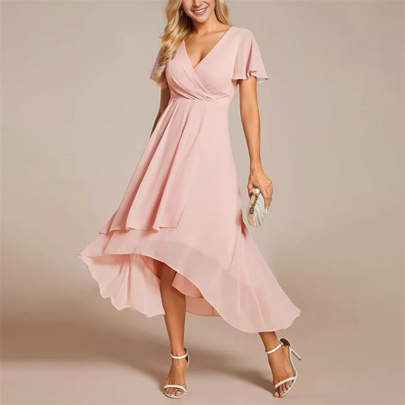 Front view of a flowy V-neck A-line maxi dress, showcasing its elegant silhouette.