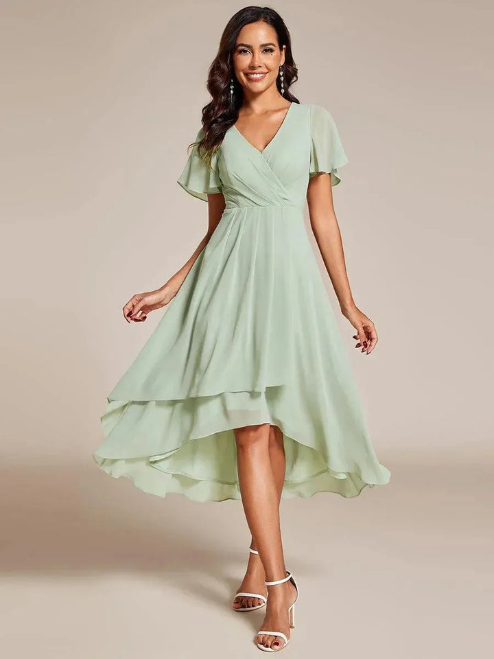 Full body shot of a model wearing a chic V-neck A-line maxi dress, women's apparel.