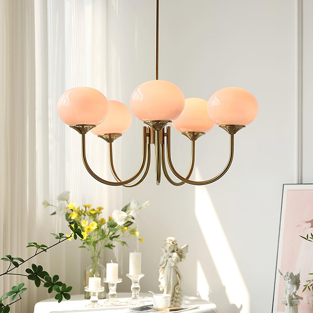 Contemporary glass sphere ceiling fixture, ambient light.