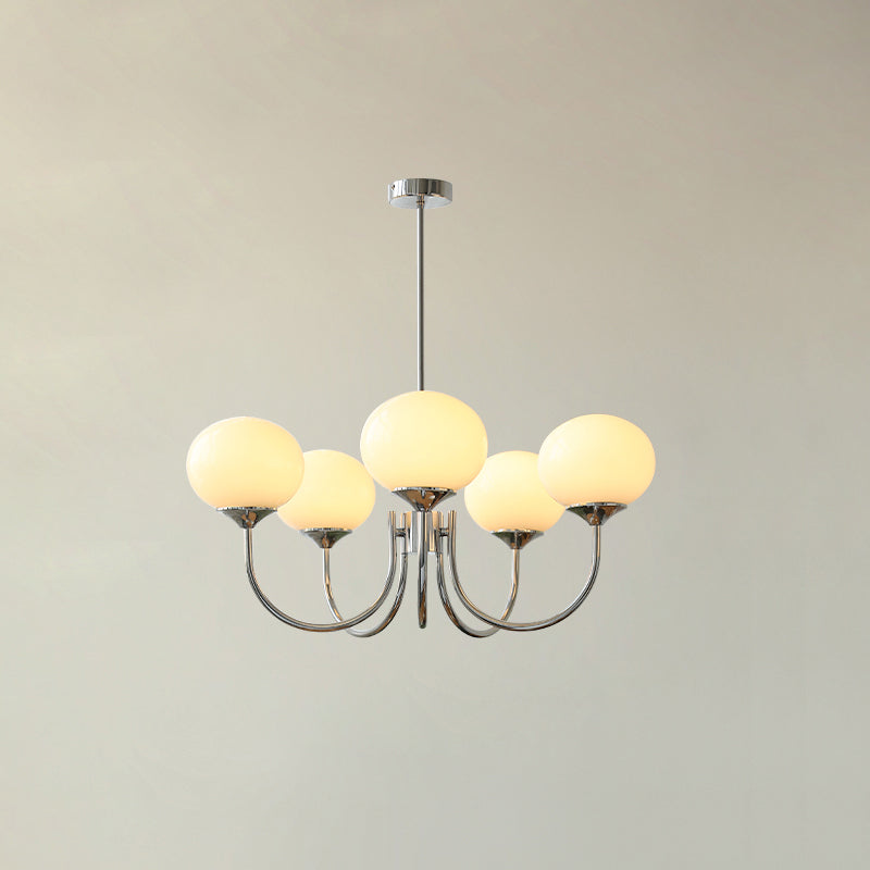 Artistic chrome pendant lamp, with delicate glass spheres.