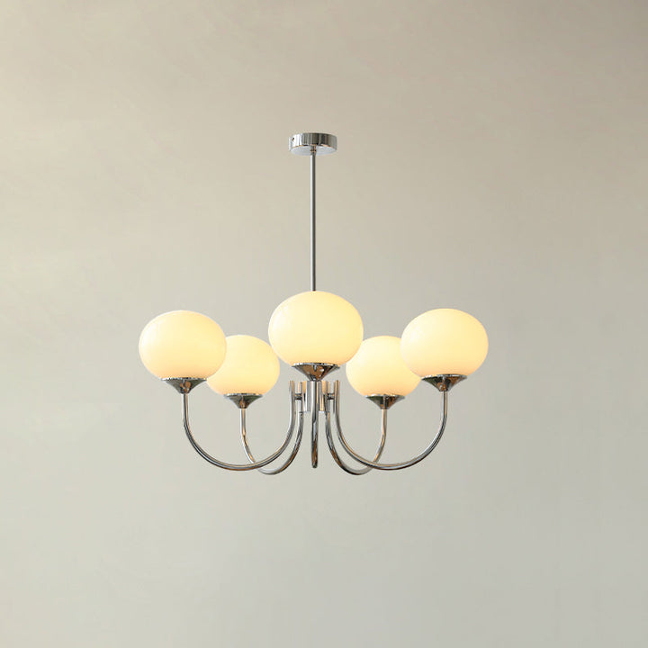 Artistic chrome pendant lamp, with delicate glass spheres.