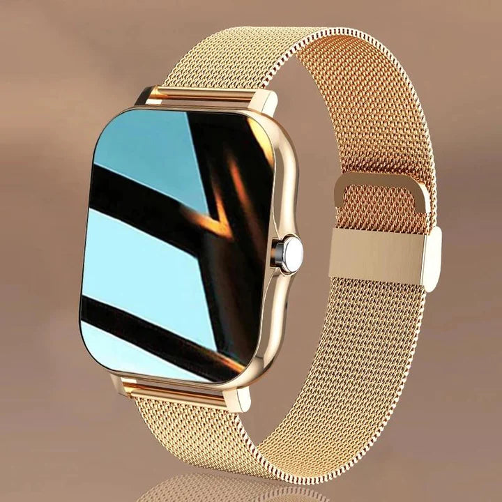 Pink women's elegant fitness smartwatch, activity tracker with health monitoring.