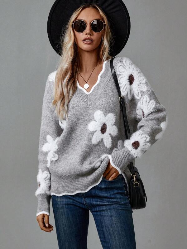 Cozy gray V-neck floral knit elegant top for women, ideal for stylish winter fashion.