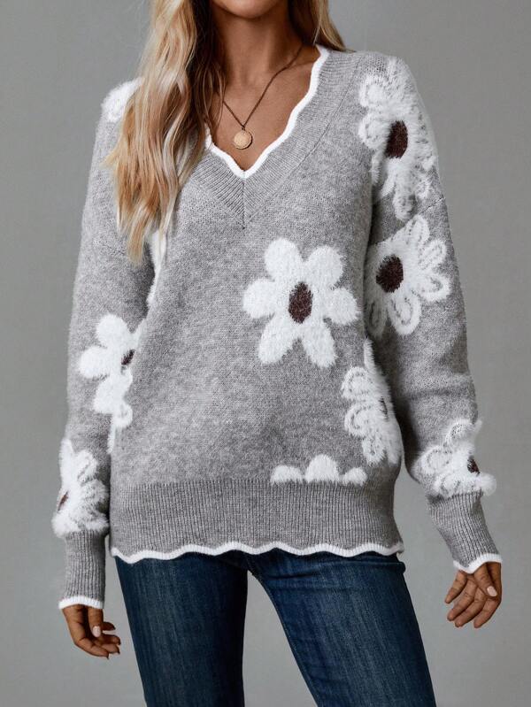 Elegant v-neck women's floral knit sweater, a comfortable and chic long sleeve winter essential.