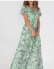 Elegant green floral print V-neck sleeveless maxi dress for women, perfect for summer casual wear.