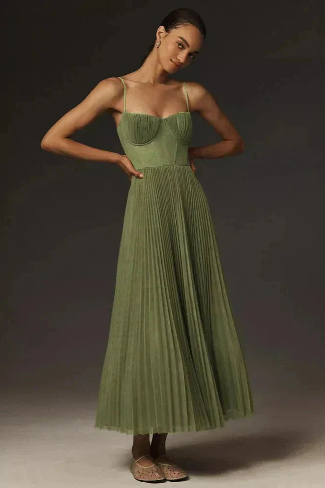 Elegant green pleated strappy maxi dress for women, ideal for formal summer events.