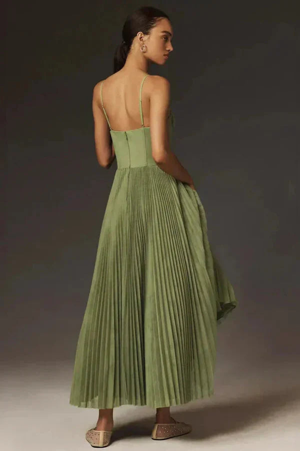 Summer green pleated maxi dress for women, a stylish strappy option for elegant occasions.