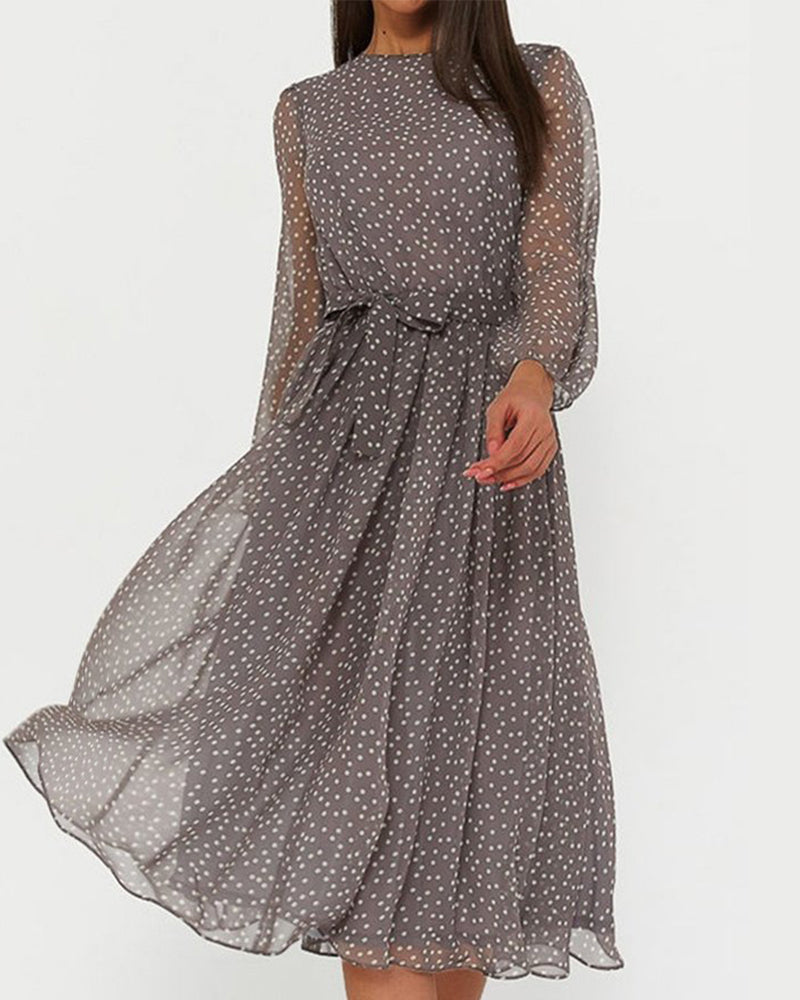 Elegant grey polka dot A-line dress for women with long sleeves, perfect for chic everyday wear or casual fashion.