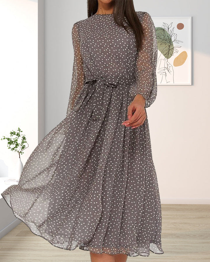 Grey polka dot A-line dress for women with long sleeves, a chic and elegant choice for casual or everyday fashion.