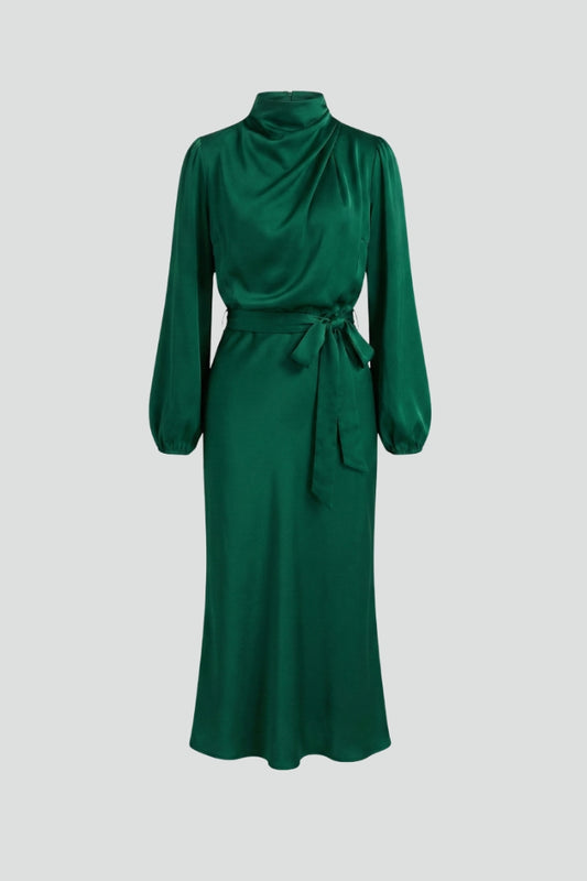 Elegant high neck long sleeve midi dress for women, suitable for formal occasions and parties