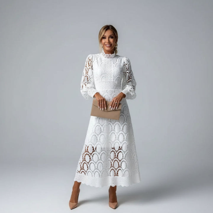 Elegant high neck long sleeve midi dress for women, perfect for wedding guests or formal evening events. Modest style.