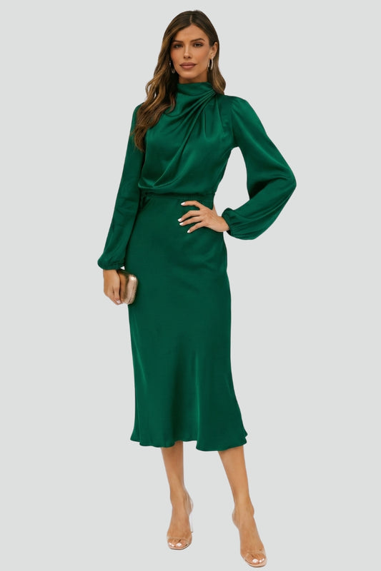 Flowy women's midi dress with a high neck and long sleeves, perfect for elegant events