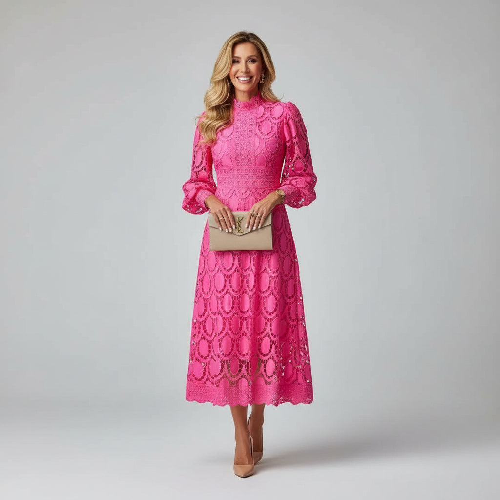 Women's formal long sleeve midi dress with high neck, ideal as a sophisticated wedding guest or party dress.