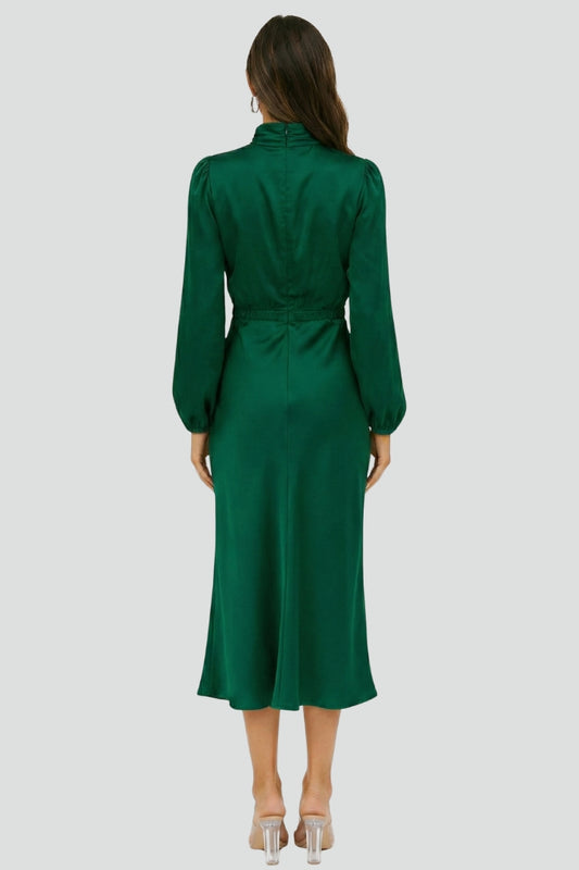 High neck long sleeve midi dress in a classic cut, ideal for party wear and special occasions