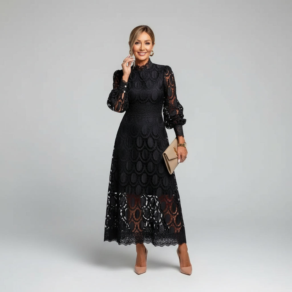 Chic women's high neck long sleeve midi dress. Elegant formal wear suitable for wedding guests and evening parties.
