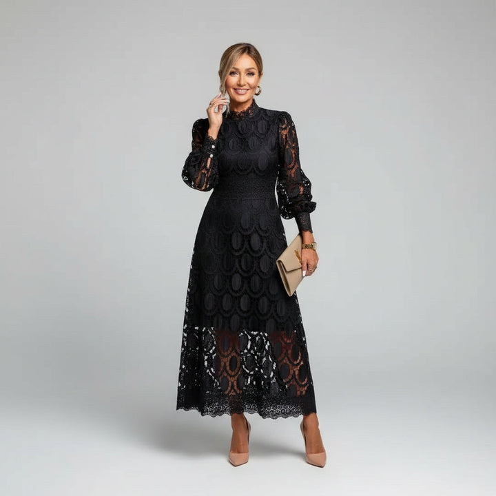 Chic women's high neck long sleeve midi dress. Elegant formal wear suitable for wedding guests and evening parties.