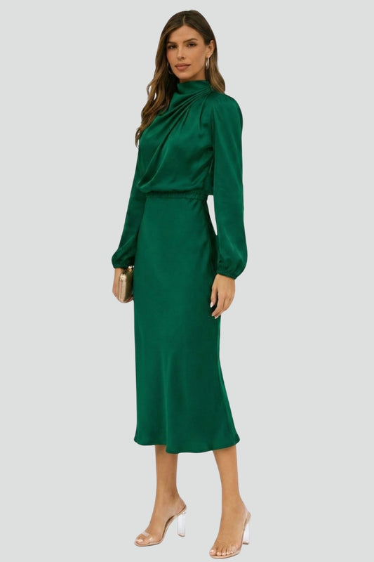 Sophisticated women's high neck long sleeve midi dress with a waist tie detail