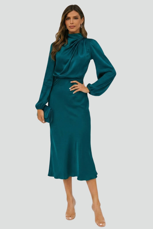 Full-length view of a women's elegant high neck long sleeve midi dress, flowy fabric