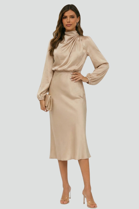 Close-up of the high neck and long sleeve detail on a women's formal midi dress